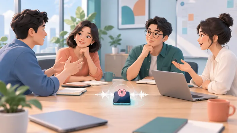 Smartphone recording an in-person meeting from the center of a conference table