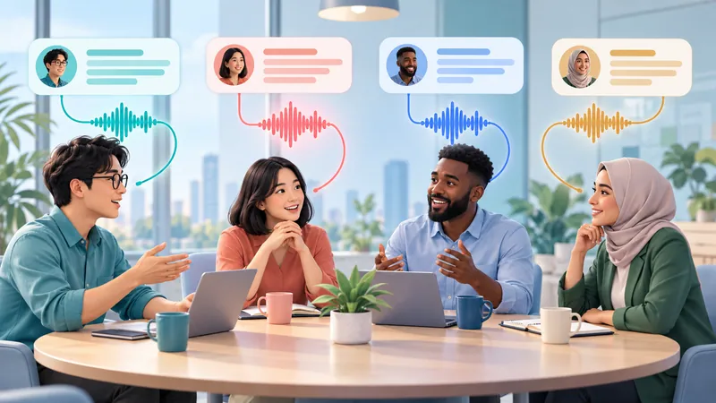 AI note taker separating four speakers around a meeting table into labeled transcript lines