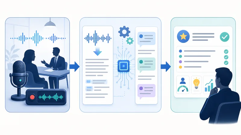 Sơ đồ "Ghi âm → Transcript → Recap" minh họa cách AI chép phỏng vấn tuyển dụng hoạt động; gồm 3 khối nối tiếp, mỗi khối mô tả đầu ra và mục đích sử dụng. Alt text: "AI chép phỏng vấn tuyển dụng là gì và cách hoạt động"