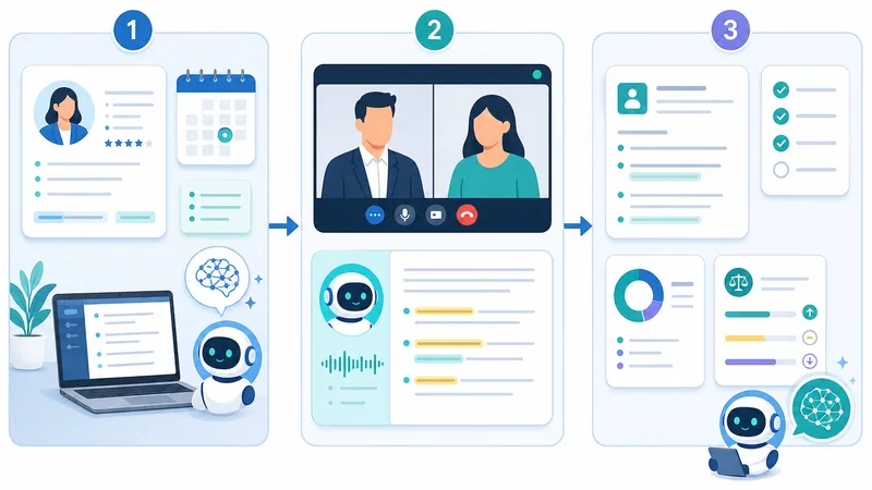 Flow 3 bước "Trước phỏng vấn → Trong phỏng vấn → Sau phỏng vấn" thể hiện vai trò của AI trong quy trình ghi chú trong phỏng vấn tuyển dụng online. Alt text: "Workflow AI ghi chép phỏng vấn tuyển dụng trước trong sau"