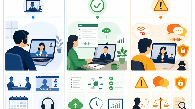 Bảng quyết định nhanh "Tình huống / Nên dùng / Cần thận trọng" cho công cụ AI hỗ trợ tóm tắt phỏng vấn trực tuyến. Alt text: "Khi nào nên dùng AI note taker cho phỏng vấn online"