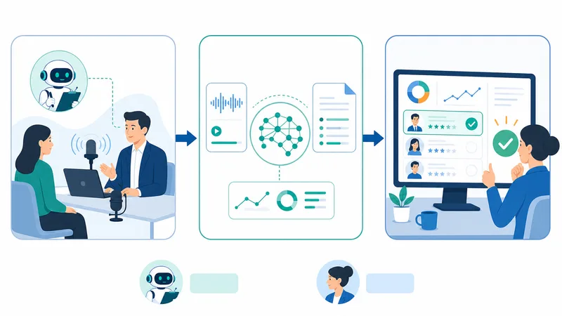 Sơ đồ workflow 3 bước kèm nhãn "AI làm gì / Recruiter làm gì" trong quy trình tuyển dụng. Alt text: "Workflow dùng AI ghi chép phỏng vấn tuyển dụng"