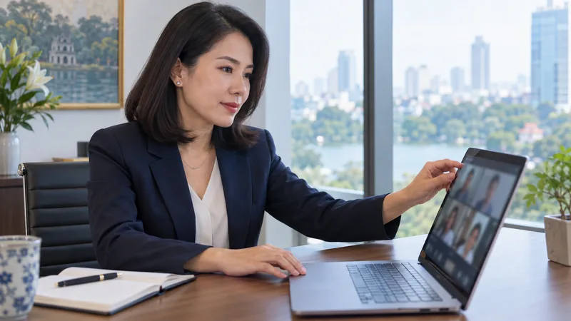 Manager in a navy blazer reaching toward the top-right corner of her laptop screen while hosting a video meeting with colleagues in video tiles