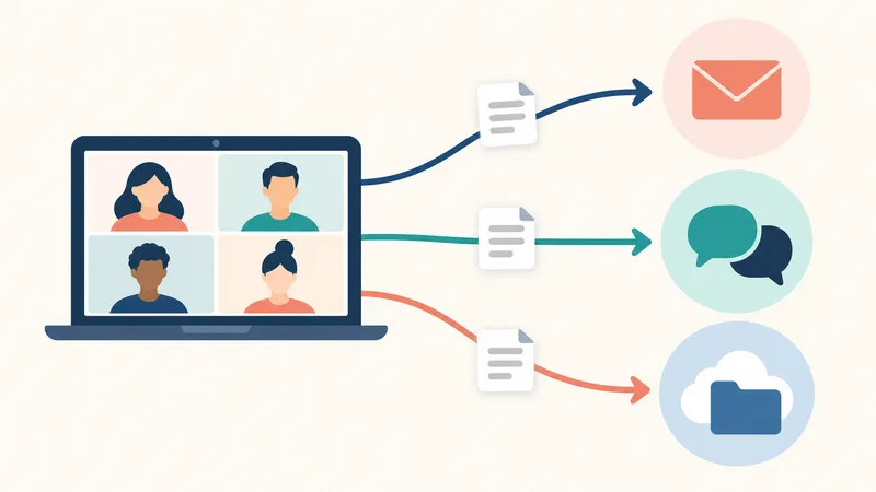 Flat diagram of a laptop video call sending summary documents along three arrows to an email envelope, chat bubbles and a cloud folder
