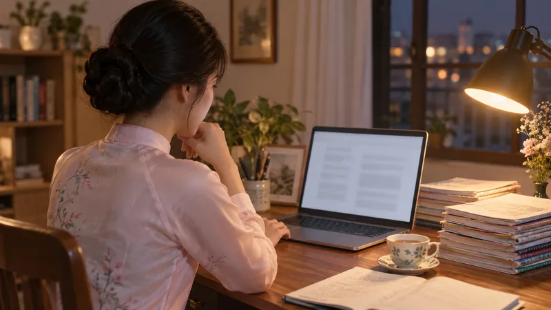 Woman in an embroidered pink blouse reviewing notes on her laptop at a home desk in the evening, with a cup of tea and a stack of notebooks
