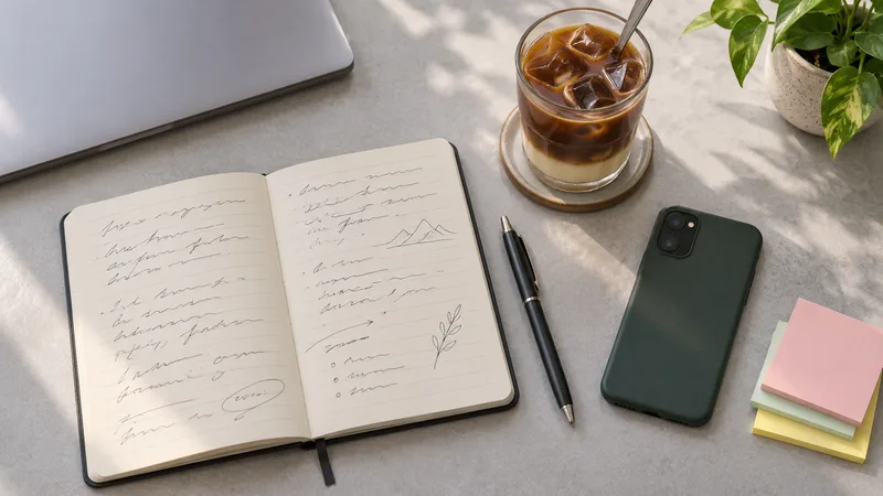 Top-down view of a desk with a laptop corner, an open notebook, a pen, a face-down phone and a glass of iced coffee after an online meeting