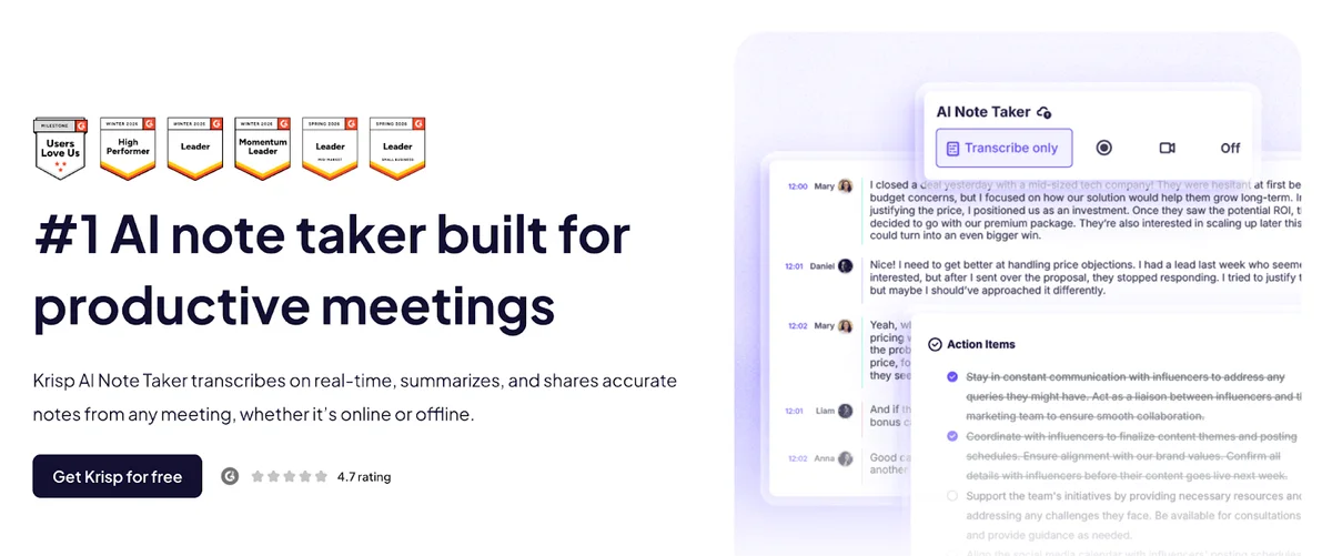 Krisp AI Note Taker landing page: "#1 AI note taker built for productive meetings" with G2 badges and a live meeting transcript with action items