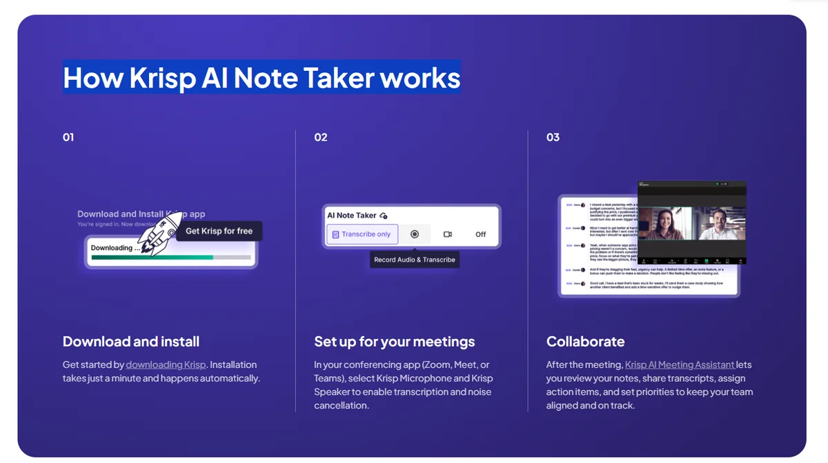 How the Krisp AI note taker works in three steps: download and install the app, select Krisp microphone in Zoom, Meet or Teams, then review and share notes