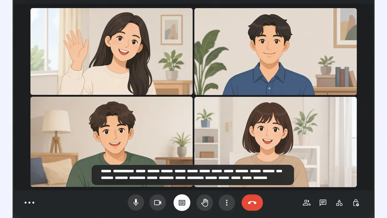 Giao diện Google Meet trong cuộc họp với nút Captions ở thanh công cụ và phụ đề đang hiển thị ở cạnh dưới màn hình
