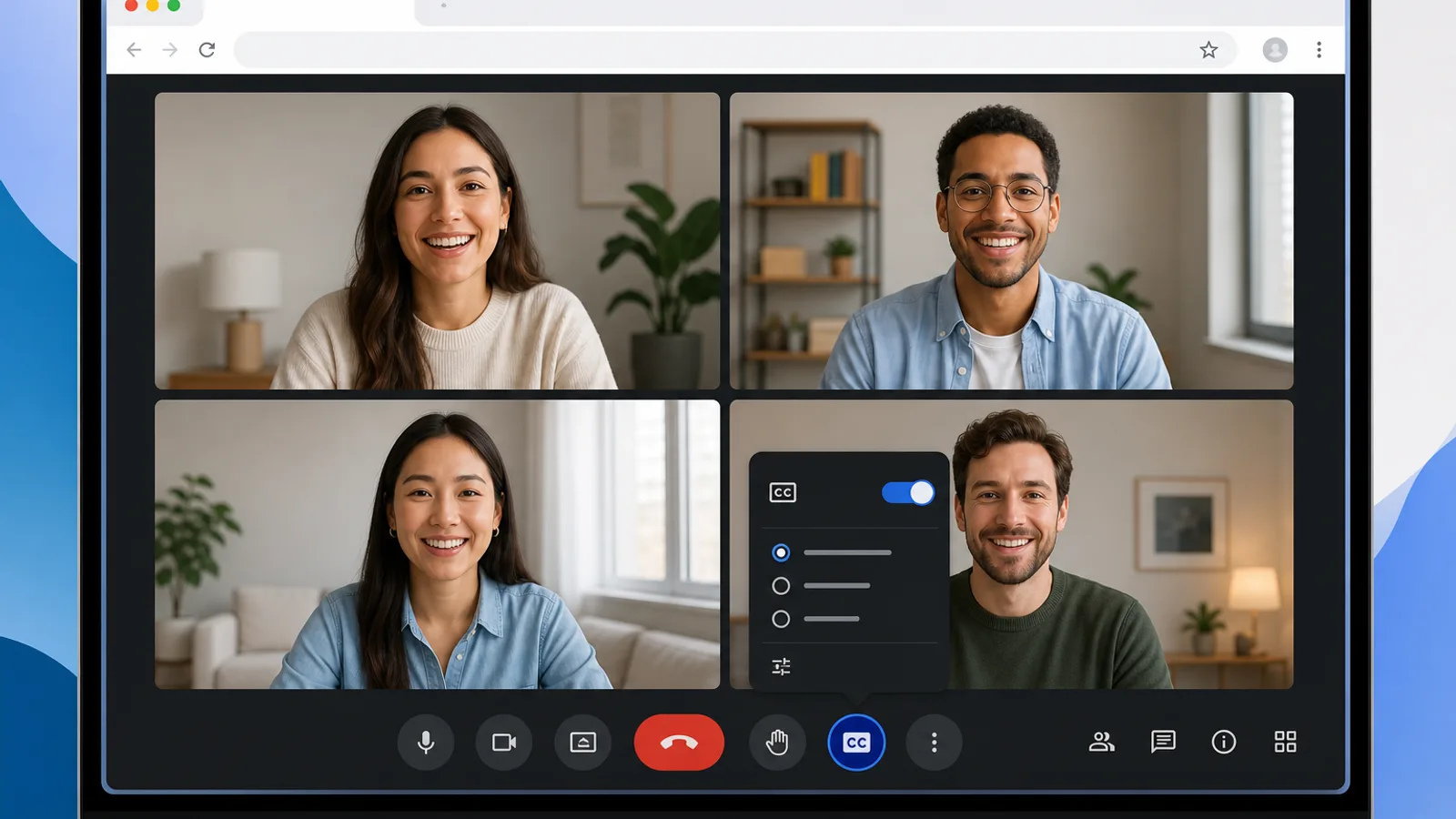 Giao diện Google Meet trên trình duyệt máy tính với menu ba chấm mở ra và mục Captions được đánh dấu