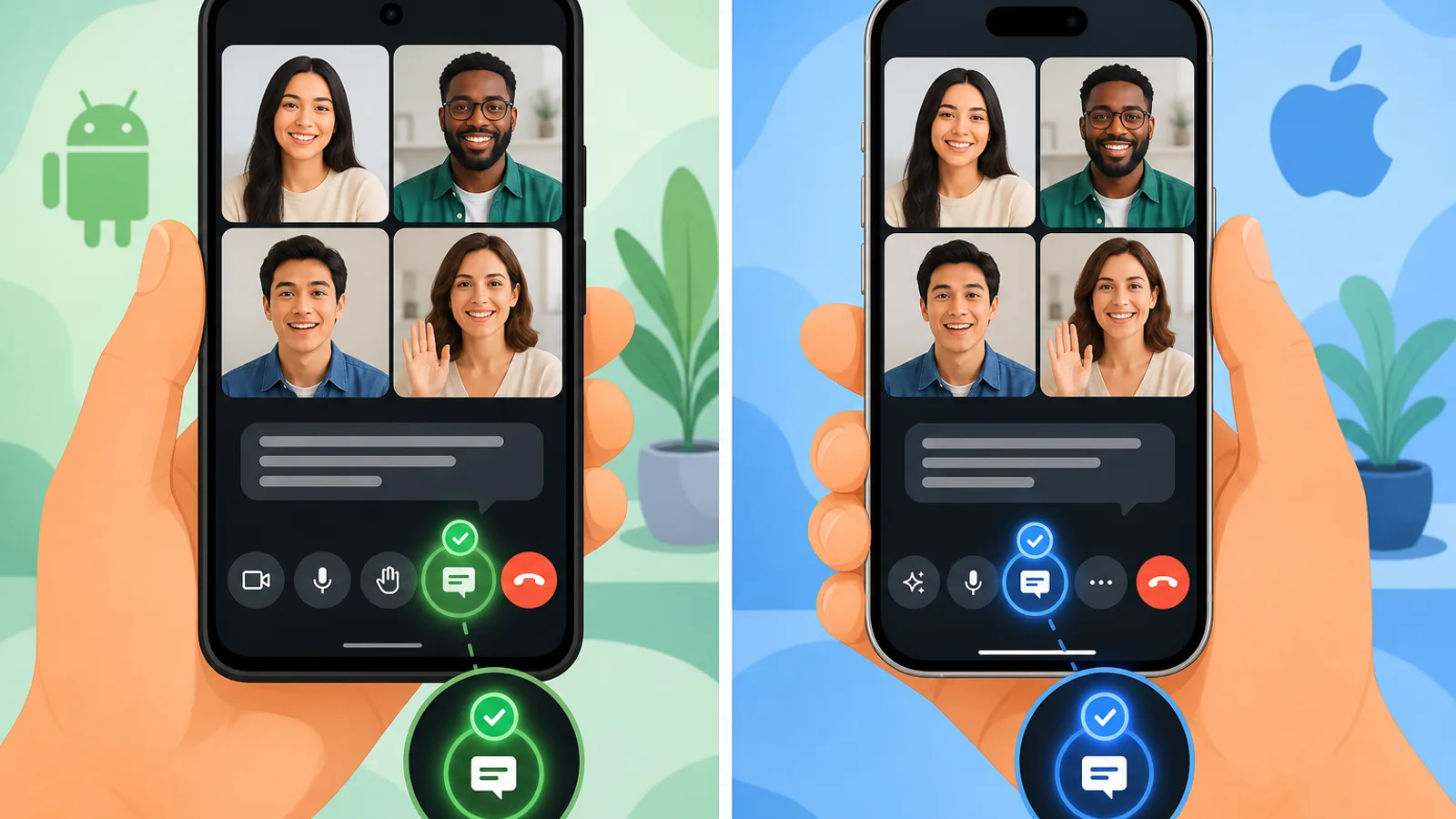 Ứng dụng Google Meet trên điện thoại với menu ba chấm mở ra và tùy chọn Hiển thị phụ đề được đánh dấu