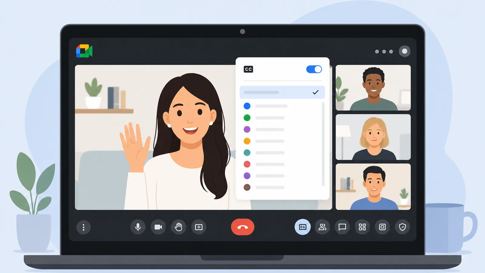 Màn hình cài đặt Captions của Google Meet với danh sách Language đang được mở