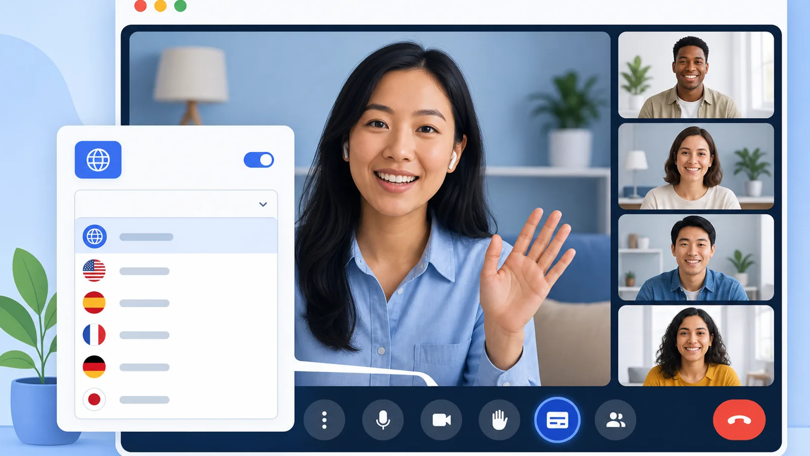 Phần cài đặt phụ đề trong Google Meet với tùy chọn Dịch phụ đề và mục chọn ngôn ngữ đích