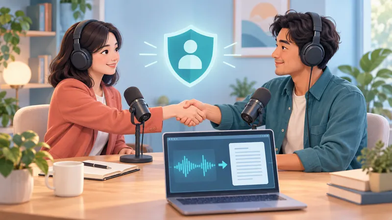 Interviewer and participant shaking hands at a podcast desk, agreeing to record and transcribe the interview