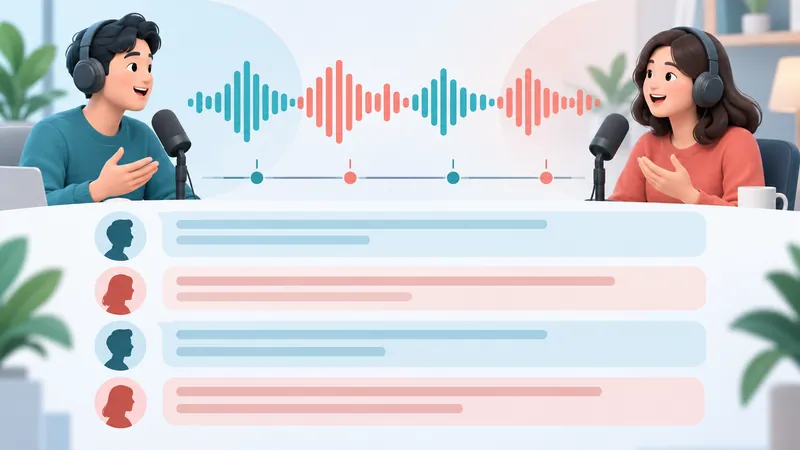 Two interview speakers with color-coded waveforms mapped to alternating speaker-labeled transcript lines