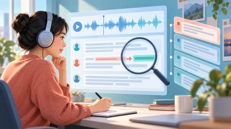 Editor with headphones proofreading an interview transcript against an audio waveform, using a magnifier to flag a correction