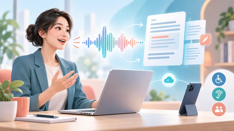 Woman dictating as her speech turns into text documents across a laptop and phone