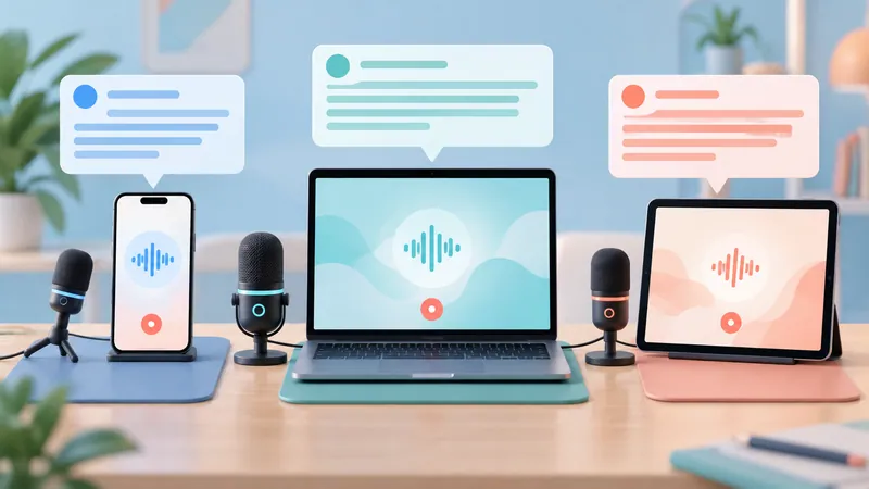 Phone, laptop, and tablet each with a microphone, comparing dictation apps across devices