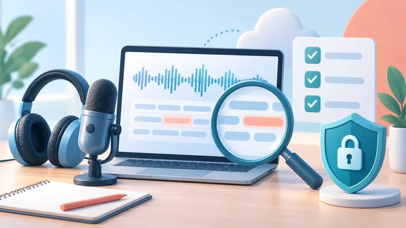 Magnifying glass over a transcript on a laptop next to a microphone, checklist, and privacy shield