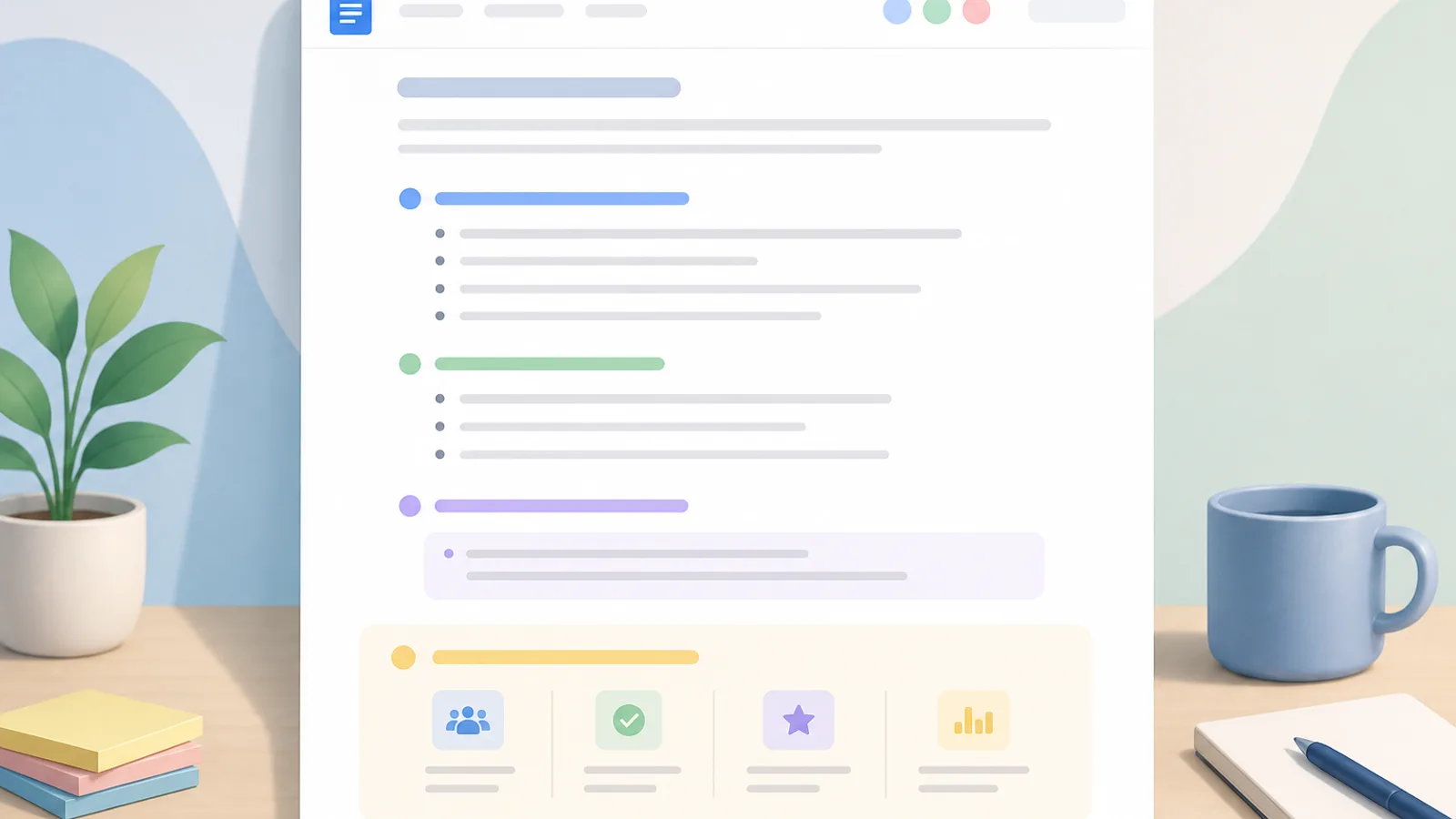 Một tài liệu Google Docs được tạo sau cuộc họp, hiển thị mục ý chính và action items
