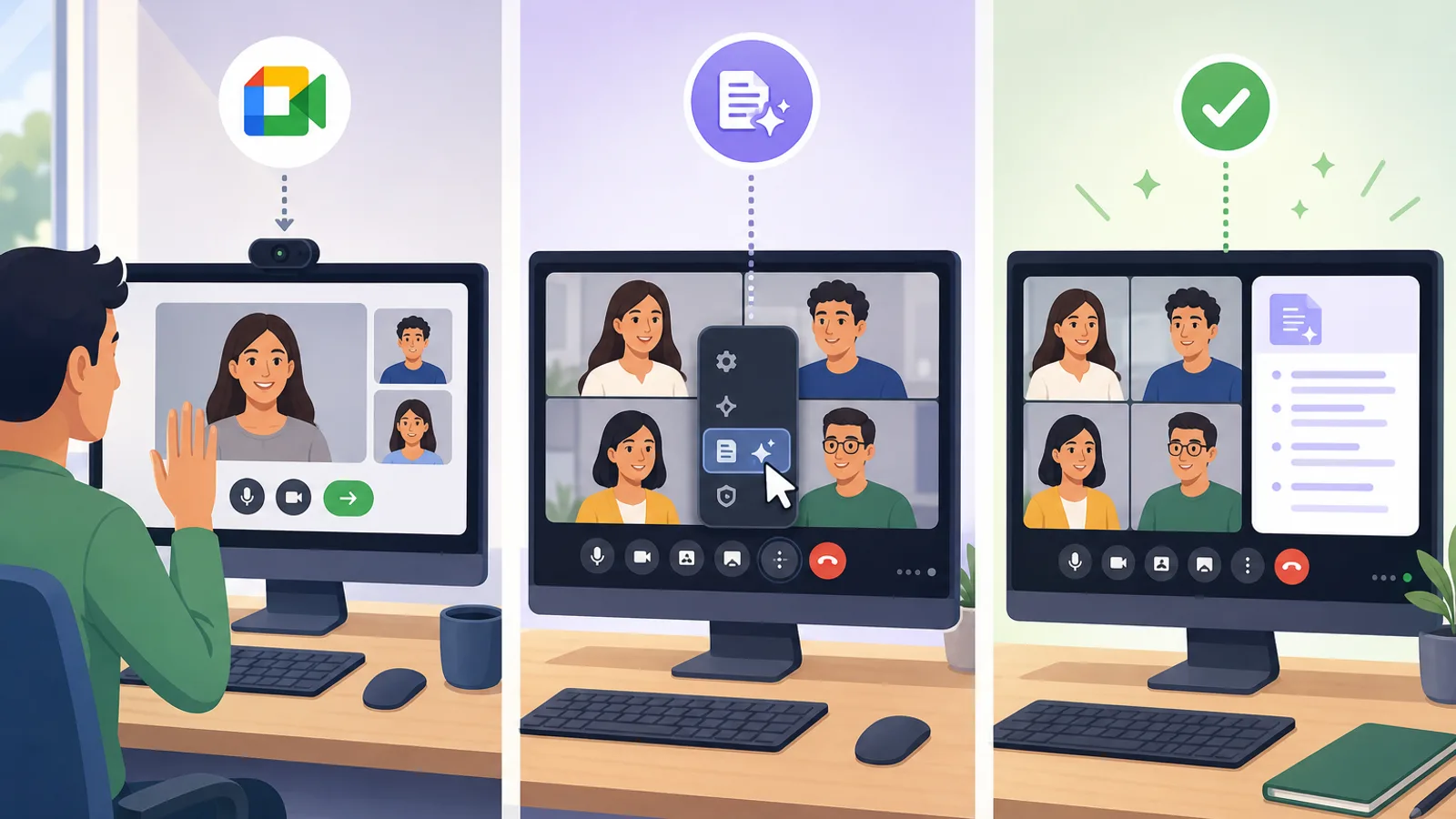 Chuỗi 3 bước bật ghi chú tự động trong Google Meet trên desktop từ vào cuộc họp đến nhấn Bắt đầu