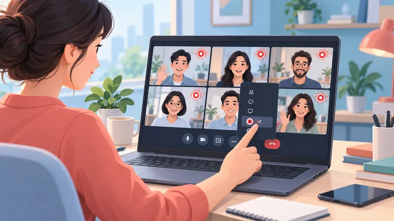 Organizer clicking the record button in a Microsoft Teams video meeting on a laptop
