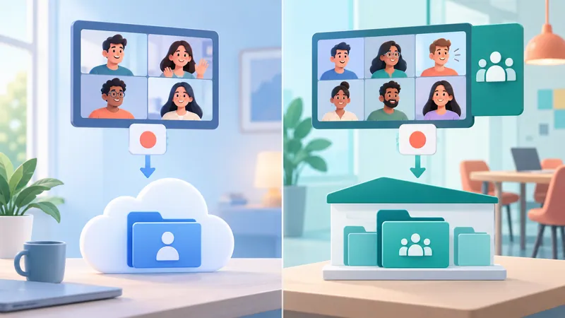 Diagram comparing Teams recording storage in the organizer's OneDrive versus a channel's SharePoint site