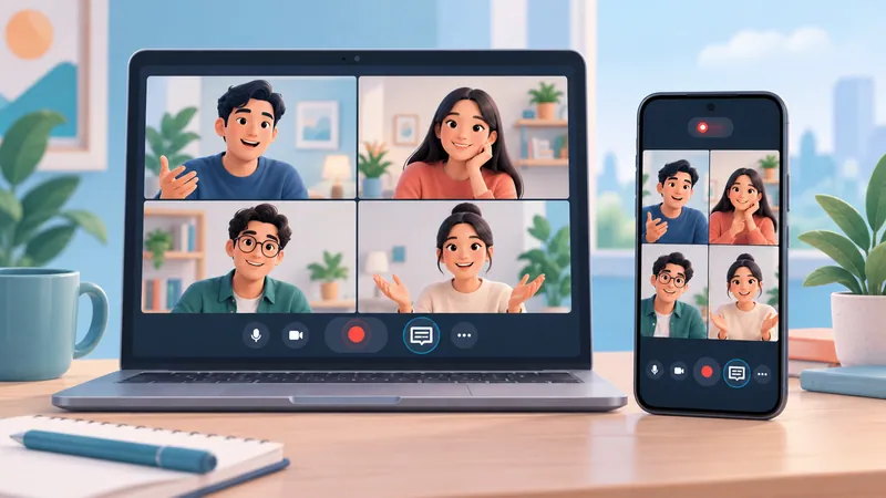 The same Google Meet call being recorded on a laptop and on an Android phone, with the red record indicator on both
