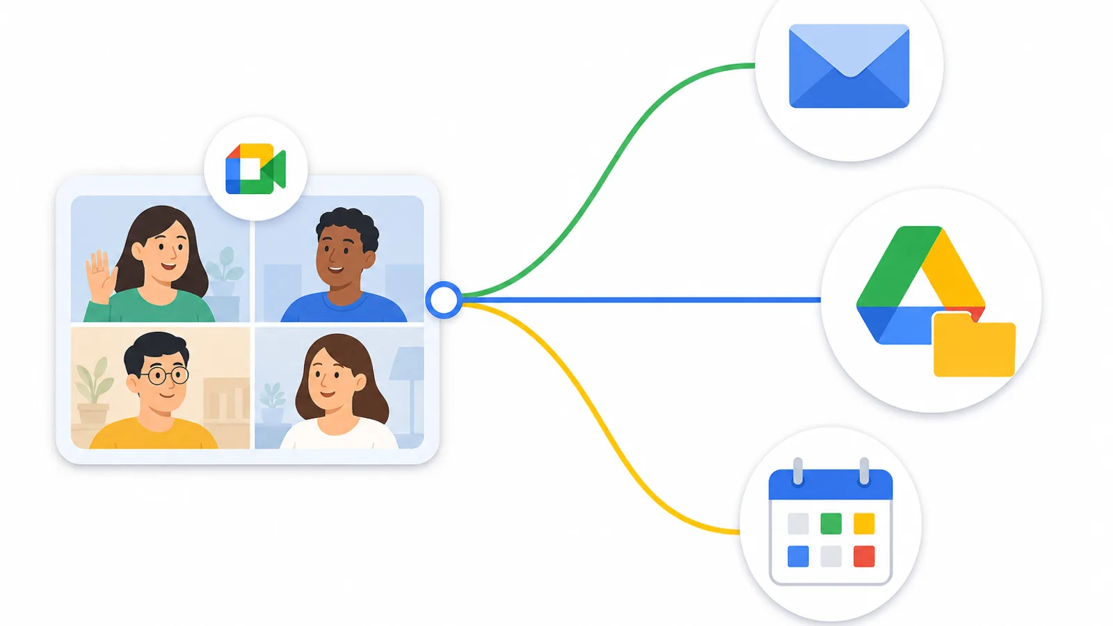 Sơ đồ 3 nơi tìm transcript sau họp gồm email, Google Drive và Google Calendar