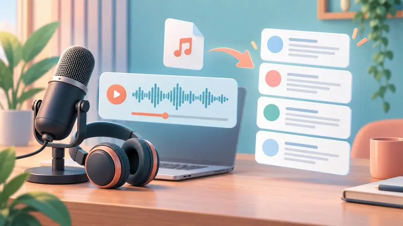 Podcast audio file being converted into an editable transcript next to a microphone and headphones