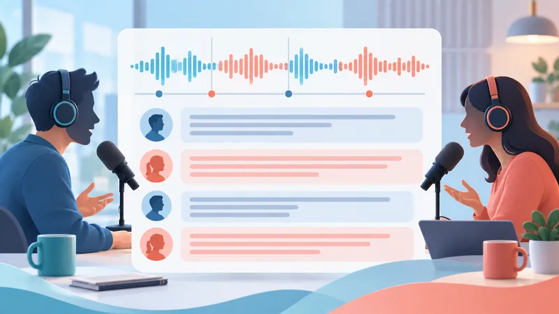 Two podcast hosts with a transcript showing speaker labels and timestamps on the audio waveform