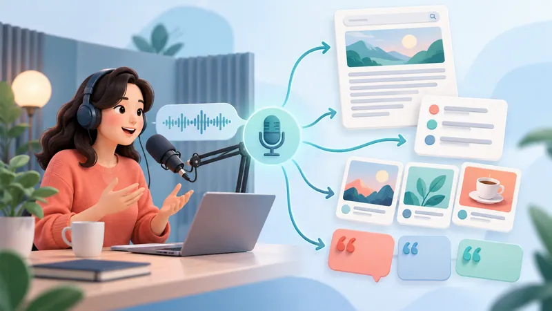Podcast host's recording repurposed into a blog post, social posts, and quote cards