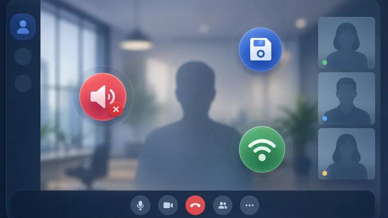 các biểu tượng lỗi âm thanh lưu file và mạng trên nền màn hình họp trực tuyến