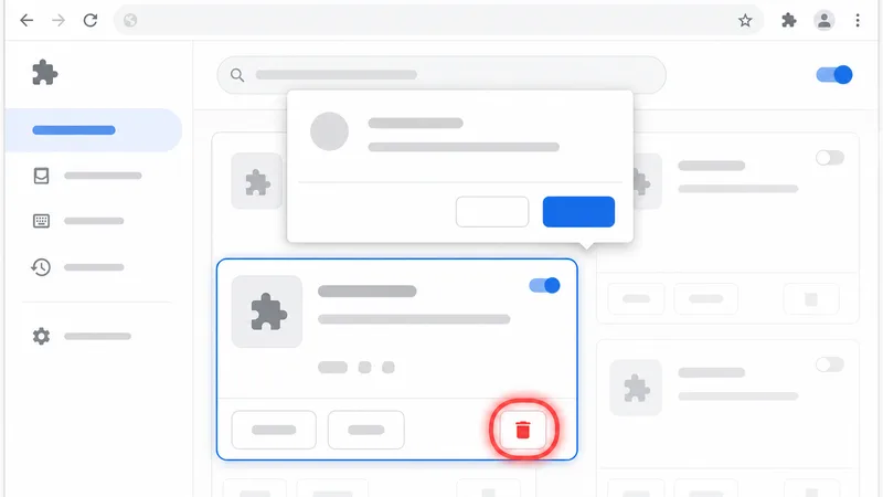 UI mockup screenshot of chrome://extensions page with one extension card prominently highlighted. The card shows: extens