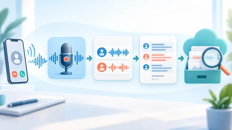 Call transcription pipeline from phone call audio to speaker-separated text stored in a searchable archive