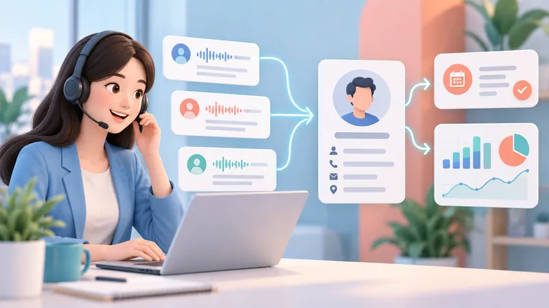 Support agent on a headset with call transcripts flowing into a CRM customer record, follow-up task, and analytics