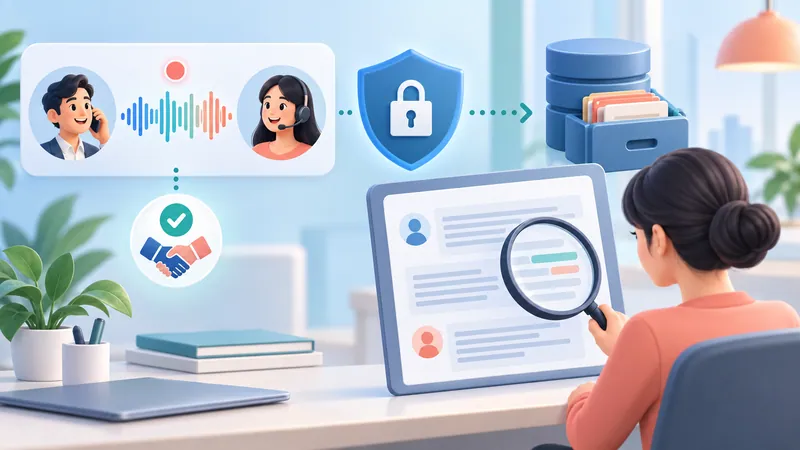 Recorded customer call protected by consent and security controls before a reviewer checks the transcript