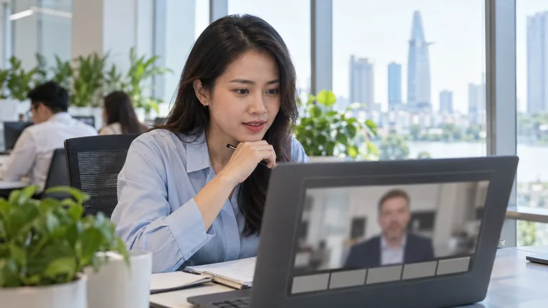 Office worker at a laptop reading translated subtitles under a remote client's video tile during a Zoom meeting