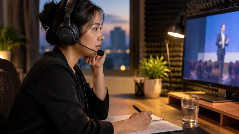 Interpreter wearing a headset with a boom microphone, interpreting a live webinar from a small home studio