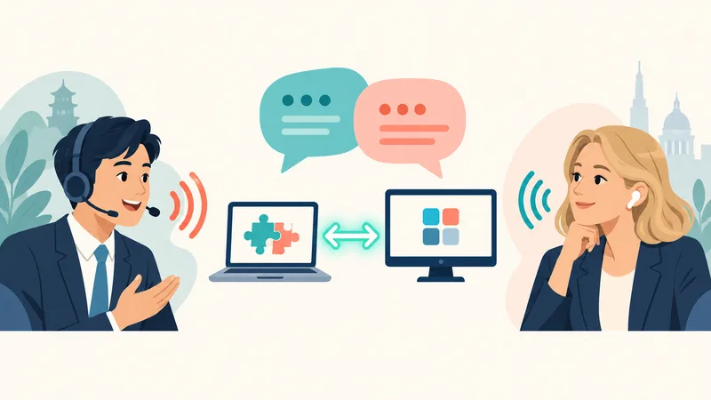 Diagram of two-way voice translation between a salesperson speaking into a headset and a businesswoman listening, linked through a laptop and a desktop computer