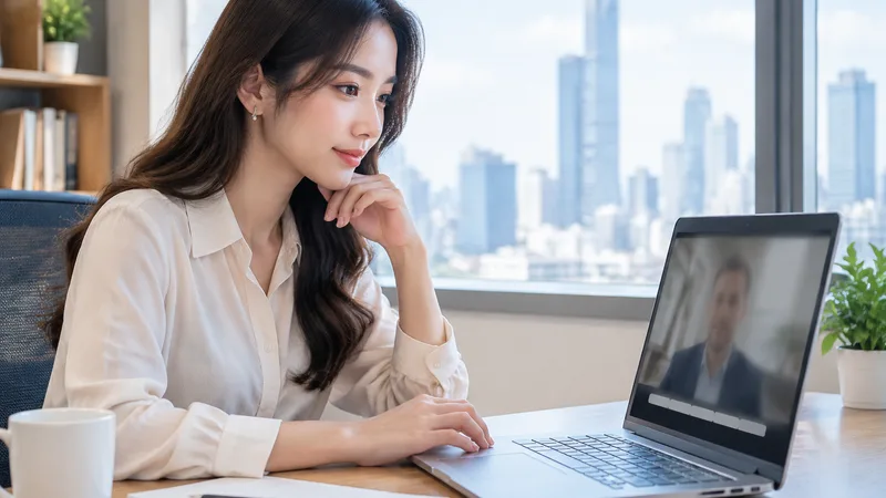 Office worker reading translated captions while a remote business partner speaks in a Google Meet call