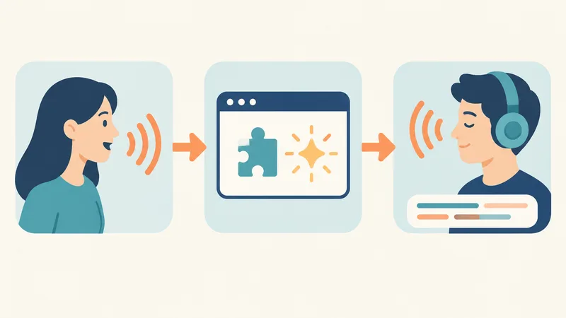 Diagram of real-time Google Meet voice translation: speaker, browser extension with AI, listener hearing the translation with captions