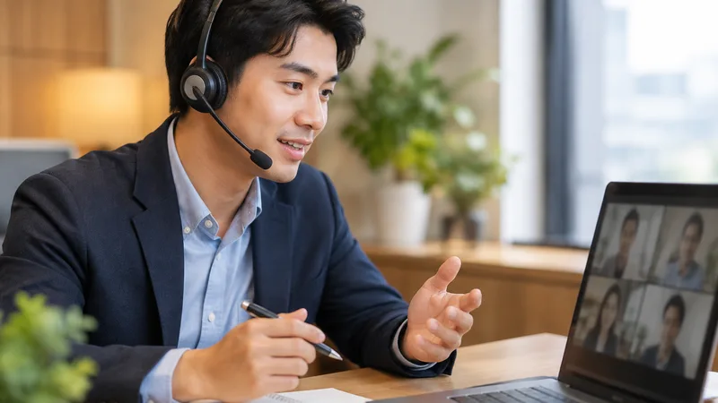 Professional speaking into a headset microphone during a Google Meet call for clearer live translation