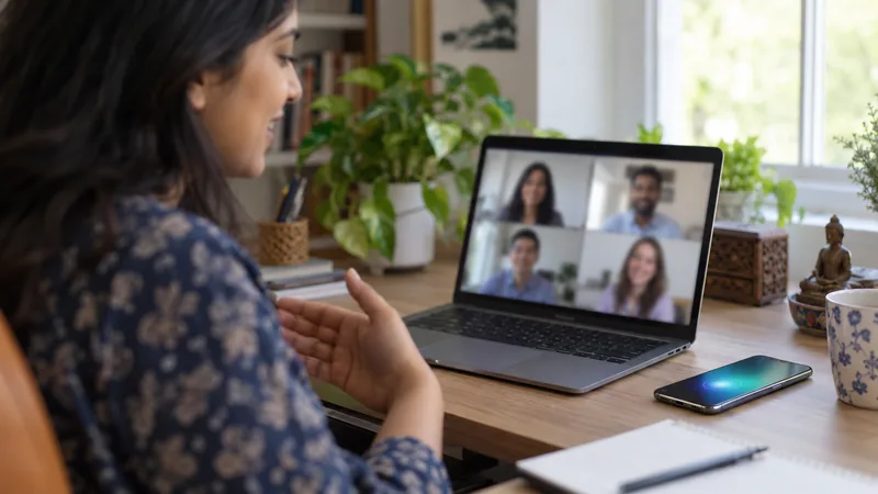 Woman on a video call on her laptop at a home desk, with a smartphone lying next to the laptop showing a listening indicator