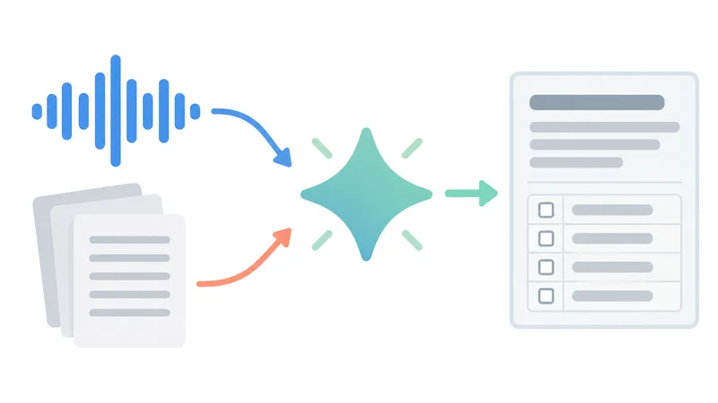 Flat diagram of an audio wave and a stack of transcript pages flowing into an AI sparkle that outputs a summary with an action checklist
