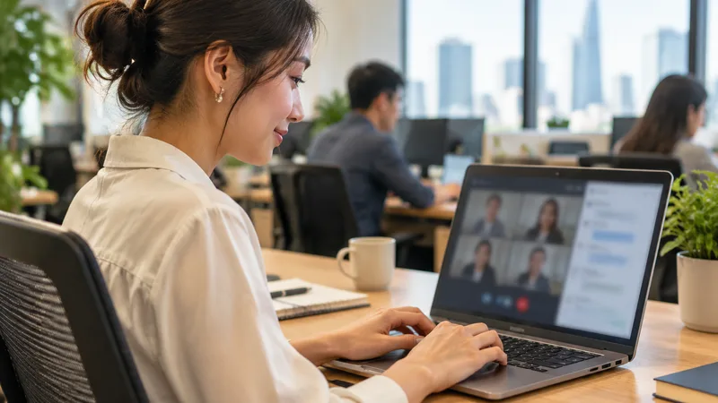 Office worker on a laptop in a Zoom meeting, messaging the host to ask for recording permission