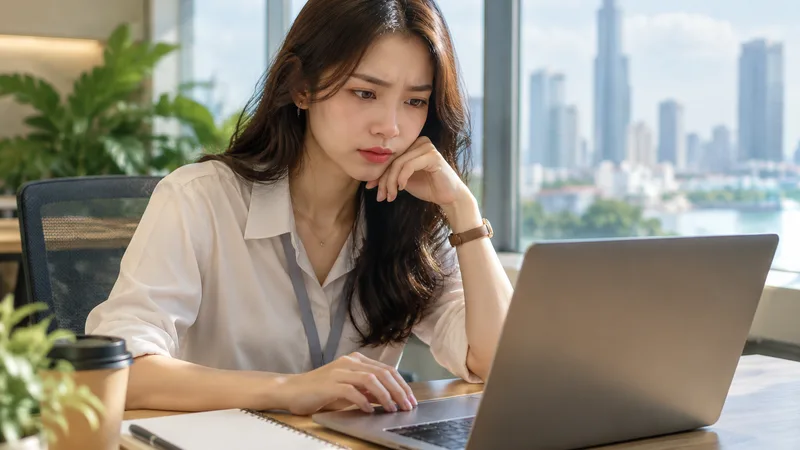 Office worker at a laptop looking puzzled while searching for a missing Zoom recording file