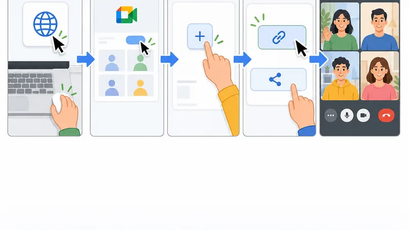 các bước tạo cuộc họp google meet trên máy tính hiển thị liên tiếp