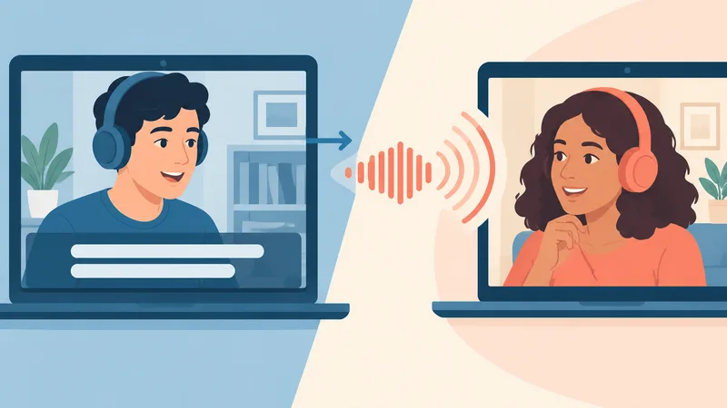 Flat illustration of two people on laptops: one wearing headphones reads subtitle bars on their own screen while a translated voice travels as sound waves to the other person