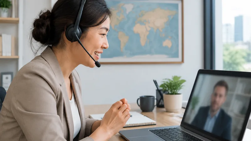 Businesswoman wearing a headset smiling at a laptop video call with a client, with a world map on the office wall behind her